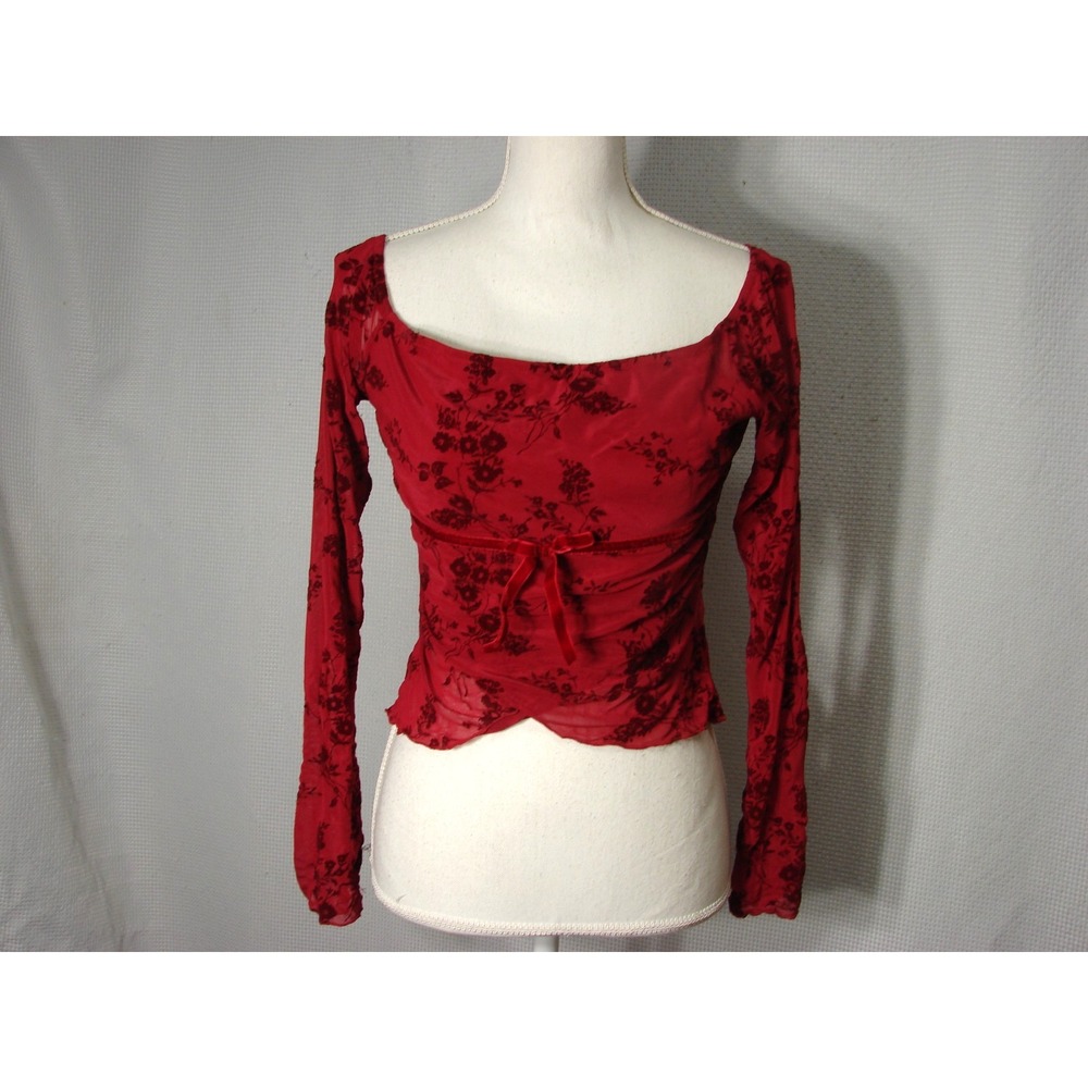 Vtg Y2K Floral Embossed Red Square Neck Boho Coquette Baby Doll Top Cropped S